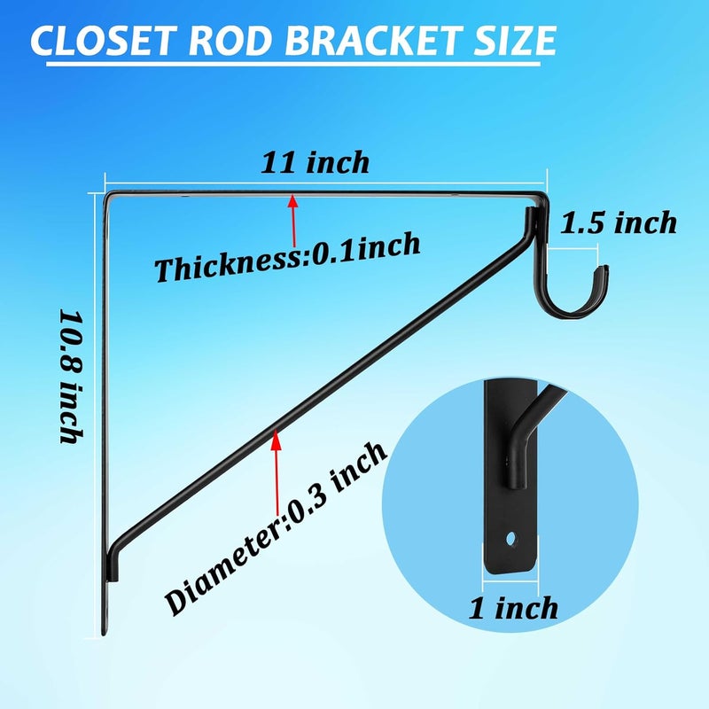 APOCHON 8 Pack Heavy Duty Closet Shelf & Rod Brackets 11 x 11 Inch, 300lbs Closet Shelf Bracket with Rod Holder for Home and Closet Decor, Wall Mount Closet Pole Support Bracket with Screws, Black - Image 2